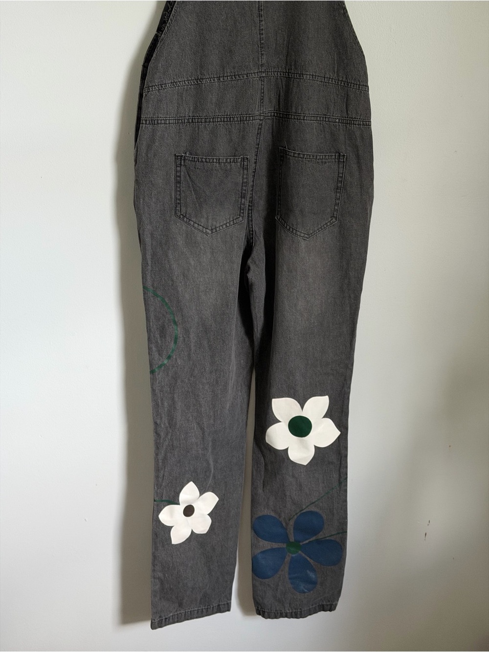 Hand-Painted Black Floral Denim Overalls Jumpsuit - Picture 7 of 8